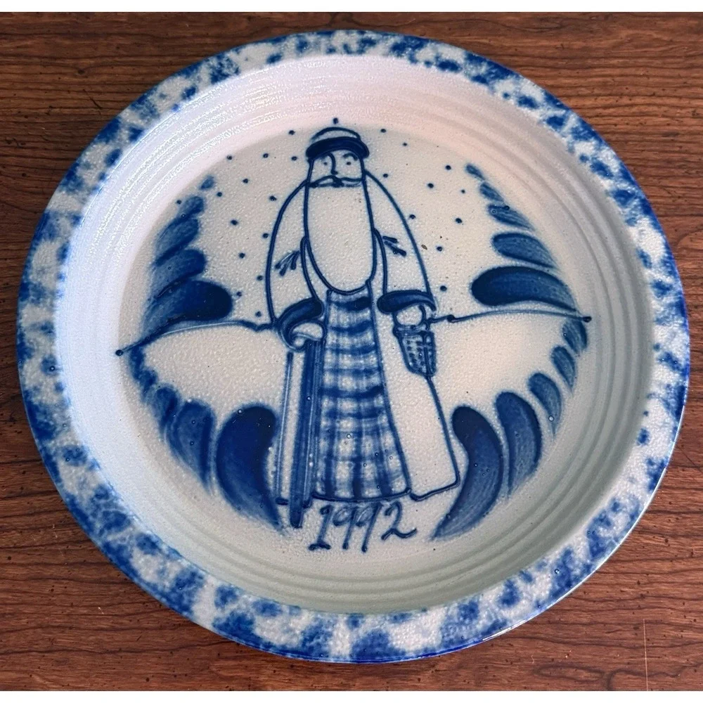 Salt Glazed Ceramic Pottery Eldreth Pottery 1992 Signed Santa Claus Plate Blue